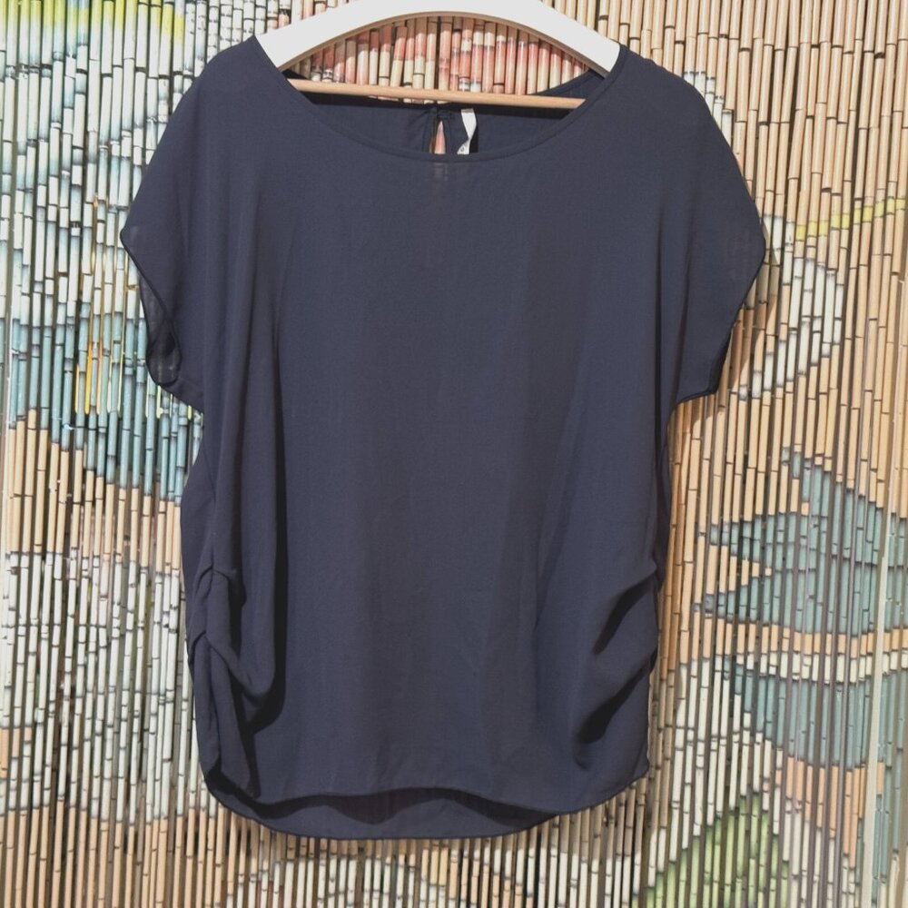 MICHELLE, Lightweight Chiffon Cap Sleeve Blouse, Slate Blue, Large
